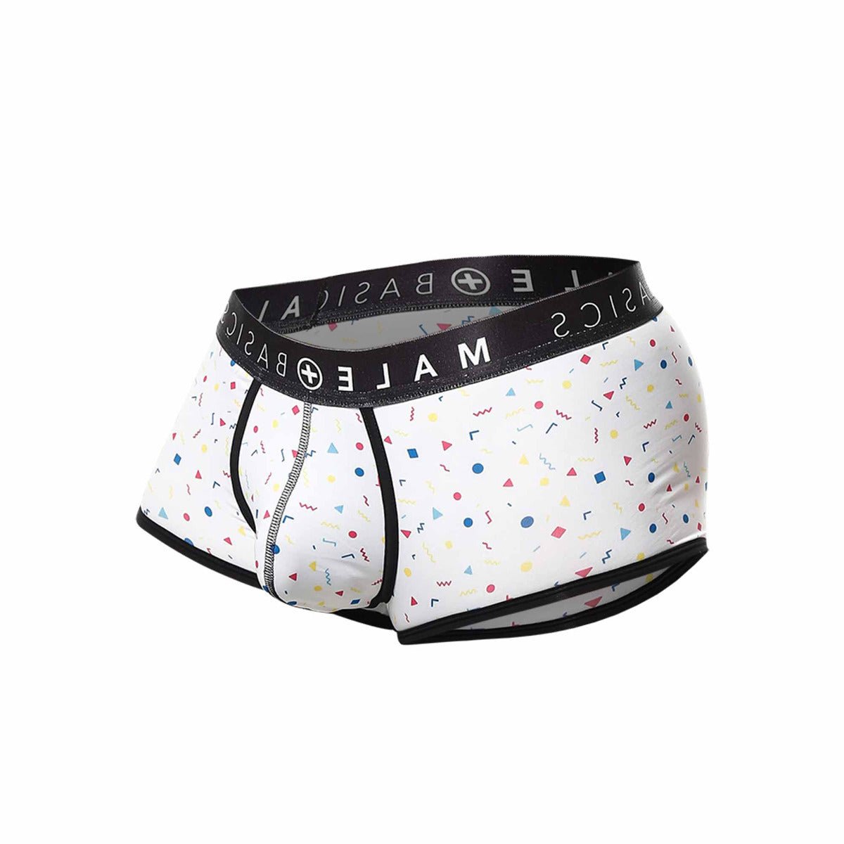 White men’s boxer briefs with colorful geometric shapes and confetti pattern black trim malebasics trunk sexy pouch final sale