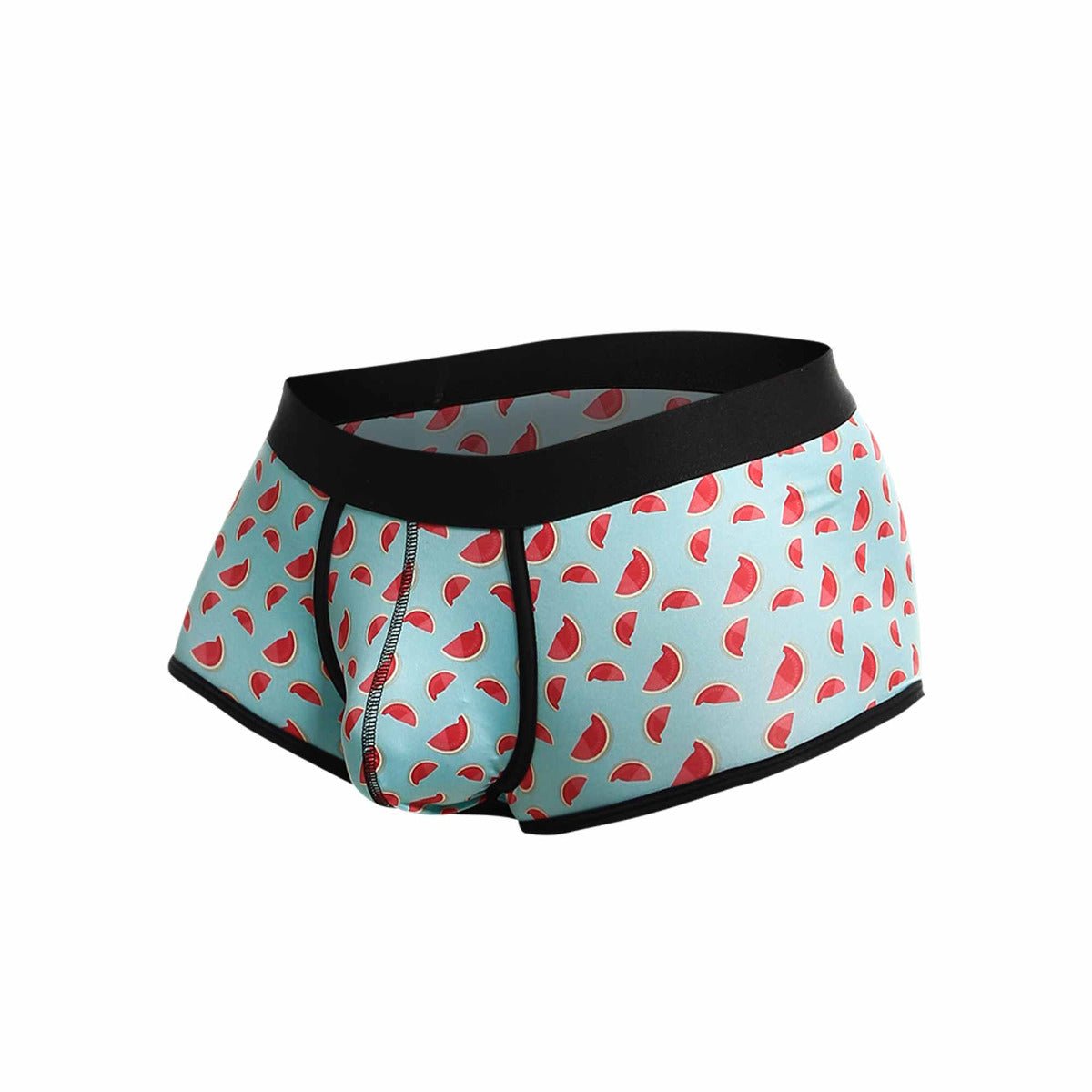Light blue malebasics trunk sexy pouch briefs with playful watermelon slice pattern and black elastic trim