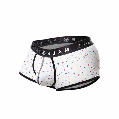 White men’s boxer briefs with colorful geometric shapes and black trim featuring a playful confetti pattern malebasics trunk sexy pouch final sale