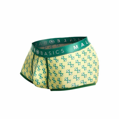 Malebasics trunk sexy pouch men’s boxer briefs in green and pale yellow pattern with branded elastic waistband