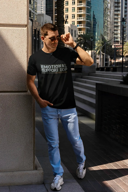 Black short-sleeved cotton t-shirt with emotional support top printed in white and gray across the chest