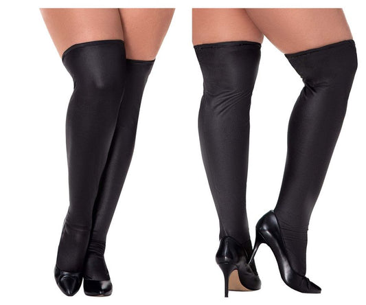 Black over-the-knee boots with glossy stretchy material and sleek design mapale 1017x thigh highs metallic black