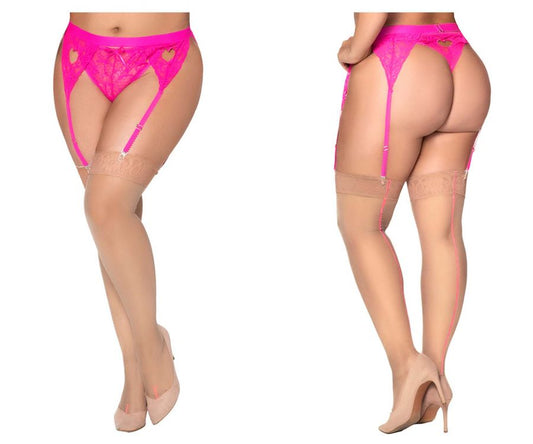 Bright pink lace garter belt with heart cutouts and matching sheer nude mesh thigh high stockings by mapale 1099x