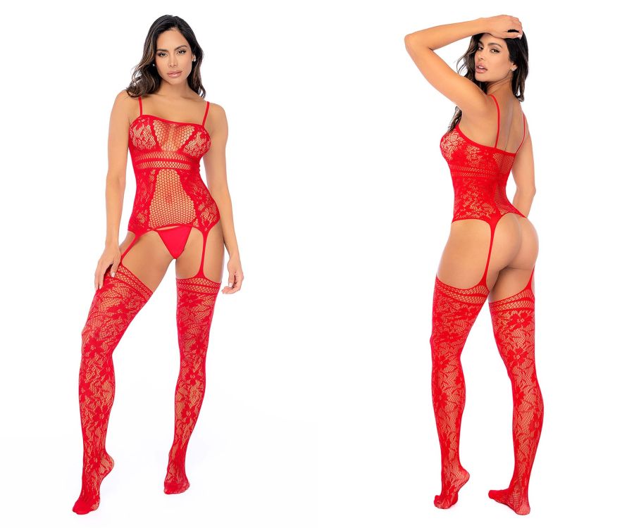 Red fishnet lace bodysuit with adjustable neck straps and matching thigh-high stockings by mapale