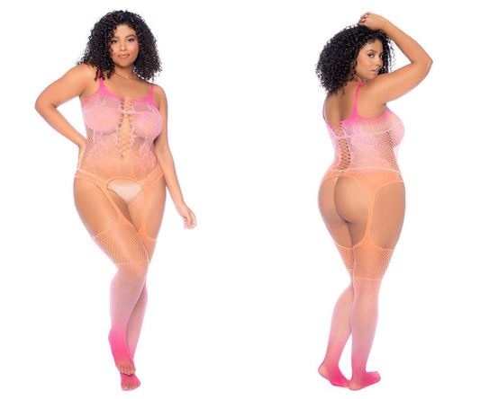 A plus-size woman models a sheer fishnet pink to orange gradient lace-up front bodystocking by Mapale in sunset colors