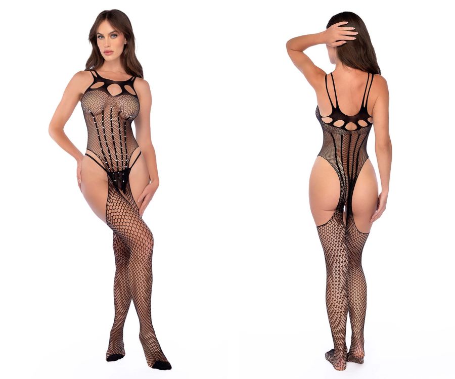 Black mapale 1136 fishnet bodystocking with cutout details rhinestone embellishments and mesh design