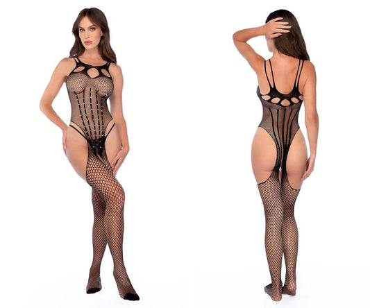 Black mapale 1136 fishnet bodystocking with cutout details rhinestone embellishments and mesh design