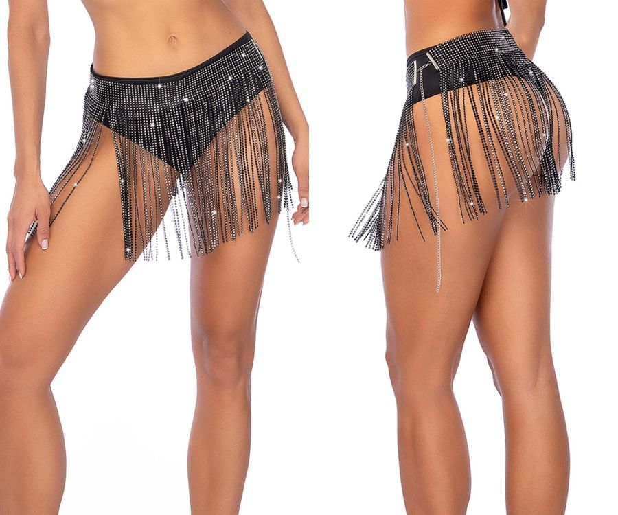 Mapale 1138 glam fringe belt black dance skirt with black sequins chain fringe and sparkling rhinestones