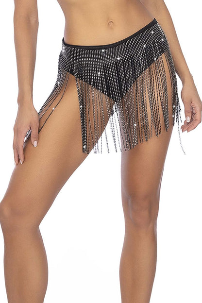 Black beaded fringe skirt with sparkling rhinestones by Mapale 1138 glam fringe belt in black rhinestone color