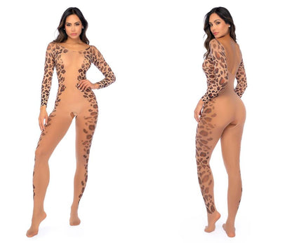 Mapale 1143 sheer leopard print mesh bodystocking with long sleeves and a backless design shown from the back side