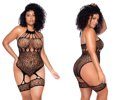 Black lace Mapale 1144X leopard halter fishnet bodysuit with cut-out details and a halter neckline