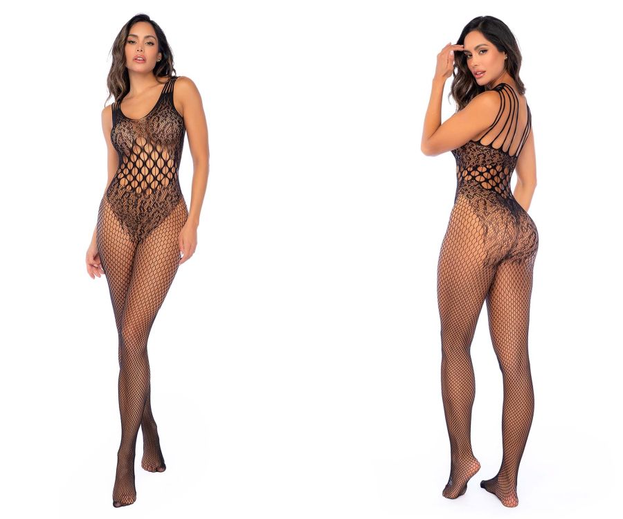 Back view of mapale 1145 leopard fishnet black bodystocking with lace overlay and crisscross straps