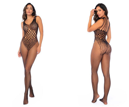 Back view of mapale 1145 leopard fishnet black bodystocking with lace overlay and crisscross straps