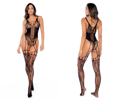 Black lace bodysuit from mapale 1149 with intricate mesh and cut-out detailing in black fishnet material