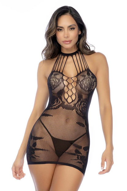 Black lace bodysuit with high neckline and intricate floral patterns by mapale in black fishnet chemise design