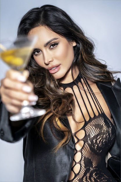 Black lace bodysuit with cut-out detailing and sheer mesh overlay from Mapale 1150 Rose Fishnet Chemise in black