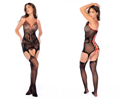 Black lace mapale 1153 snake fishnet bodystocking with red trim and crisscross lacing at the back shown from the backside