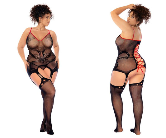 Black fishnet bodysuit with red lace-up detailing and matching thigh-high stockings from Mapale 1153X collection