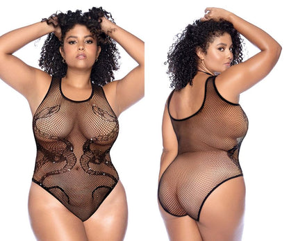 Black mapale 1155x snake fishnet bodysuit with lace sequin and rhinestone detailing in rhinestone color