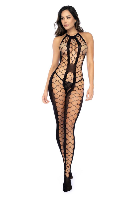Black fishnet bodysuit with halter neckline and mesh pattern from Mapale 1156 cutout fishnet bodystocking