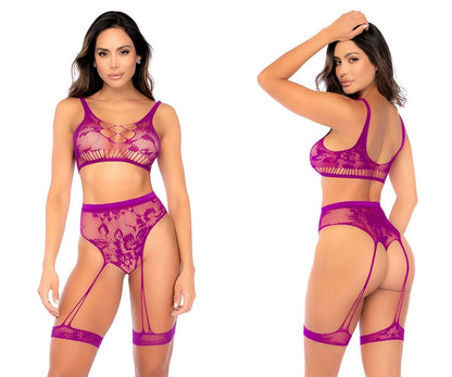 Purple lace lingerie set in pink orchid with intricate floral patterns and mesh detailing by Mapale 1159