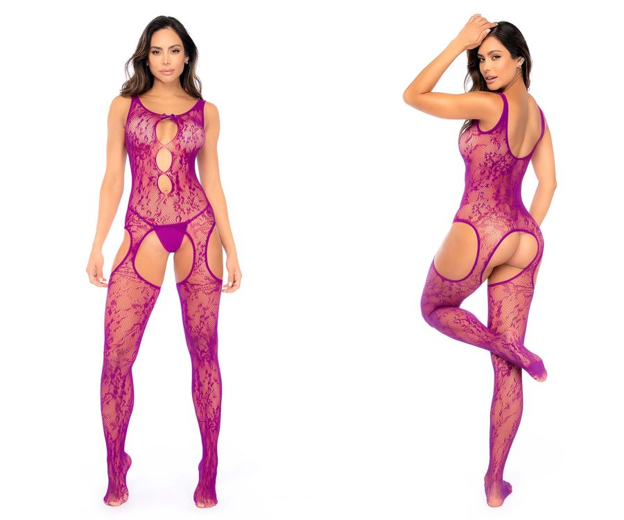 A vibrant purple lace Mapale 1160 floral fishnet bodystocking with cut-out details and sheer patterned fabric
