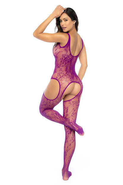 Mapale 1160 floral fishnet bodystocking in pink orchid with vibrant purple lace, floral pattern, and hip cut-out details