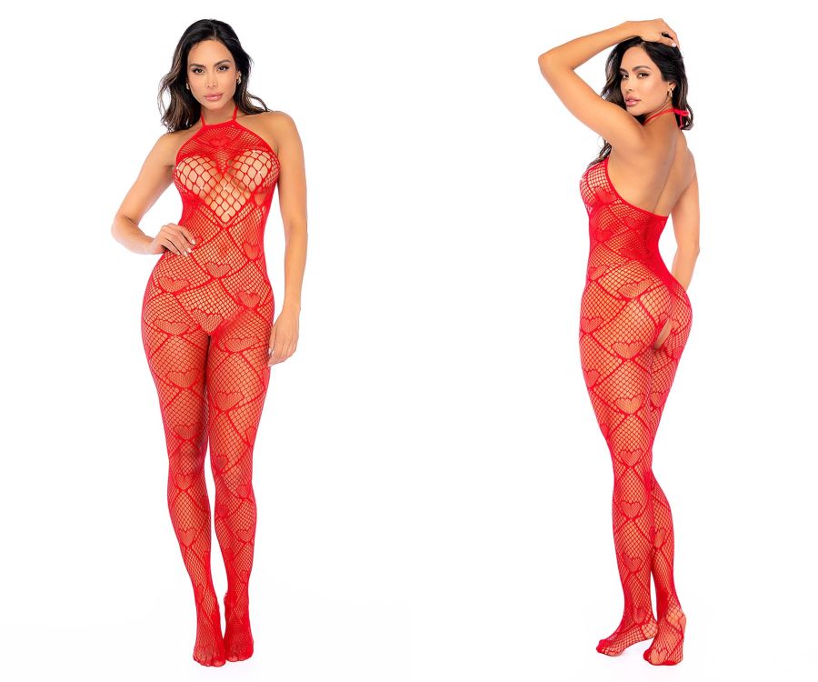 Red heart patterned mesh bodysuit mapale 1164 with rhinestone detail in red fishnet material