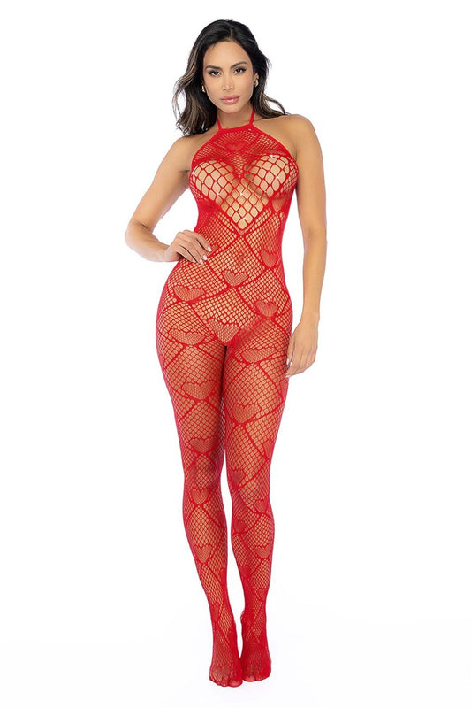 Red heart-patterned mesh fishnet bodysuit with halter neckline and rhinestone detail by Mapale in red