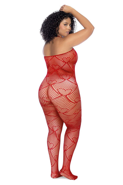Red mapale 1164x fishnet bodystocking with heart-shaped mesh pattern and rhinestone detail in red