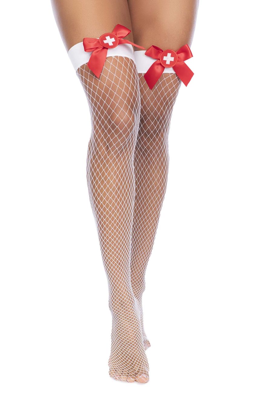 White fishnet thigh-high stockings with red satin bows and white cross center from mapale 1172 nurse collection