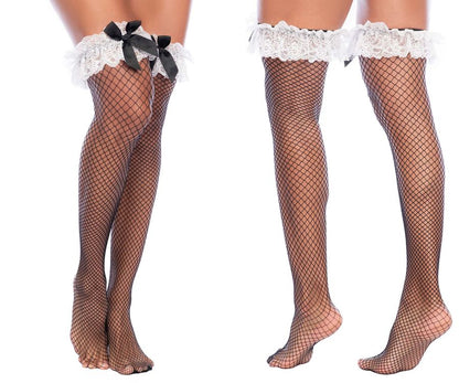 Black mapale 1173 maid fishnet thigh high stockings with white lace trim and black bow on the left side