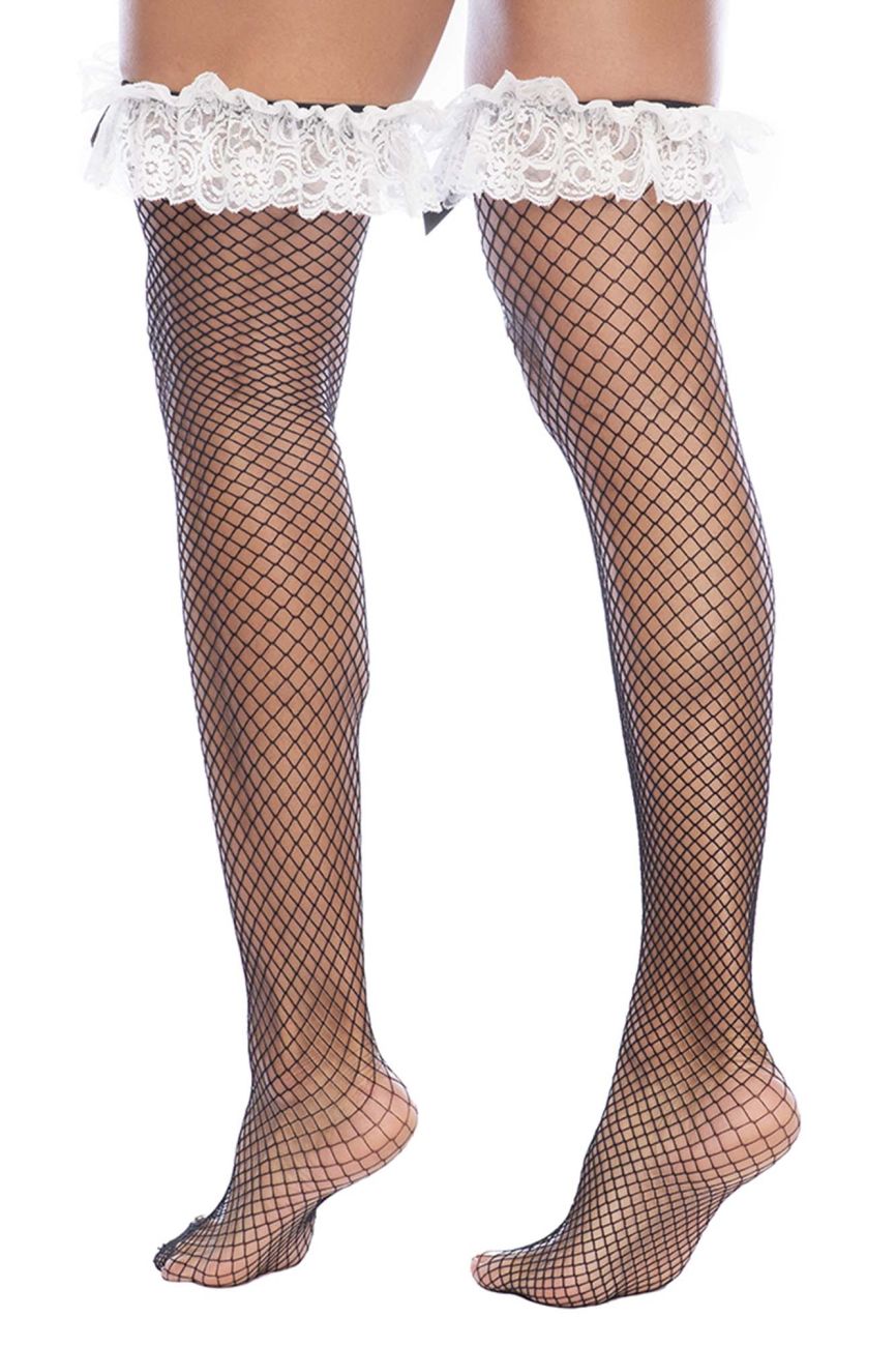 Mapale 1173 maid fishnet thigh high stockings in black with white lace trim for a stylish look