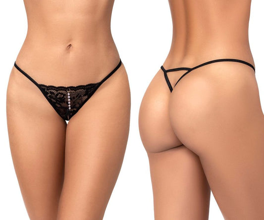 Black lace thong by mapale 129 featuring delicate beaded detailing along the front center seam in black color