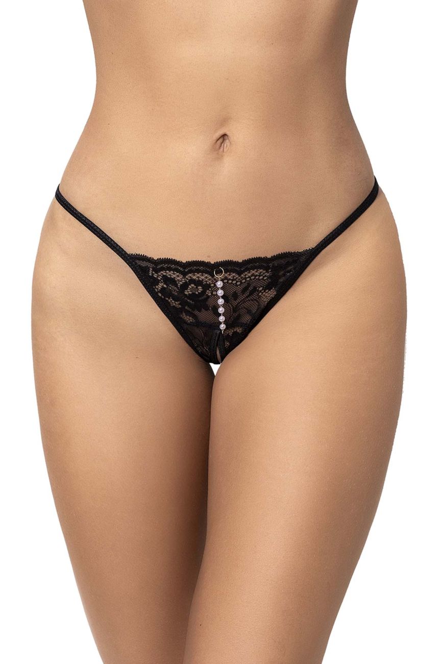 Black lace thong Mapale 129 in black featuring a central row of pearl-like beads and thin straps