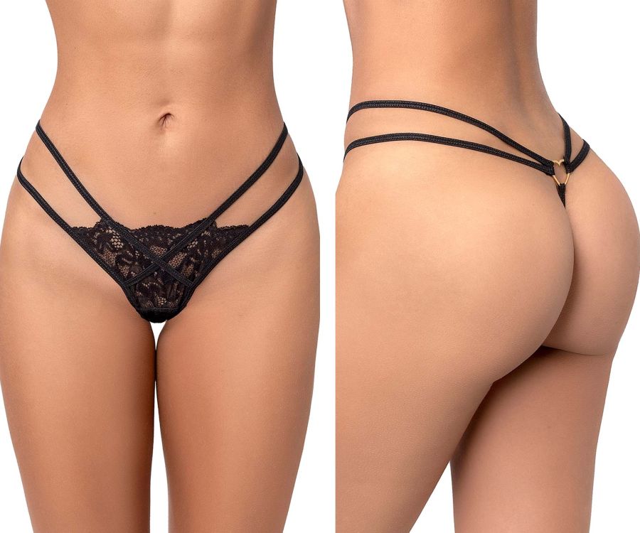 Back view of mapale 130 black lace thong with crisscross straps and gold-tone ring detail