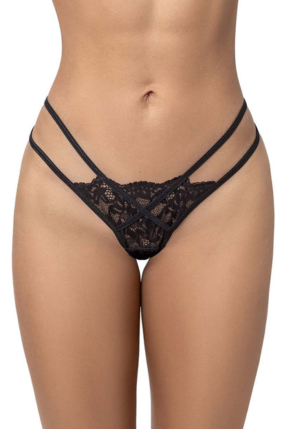 Black lace thong by mapale with intricate floral patterns and thin crisscrossing straps in black color