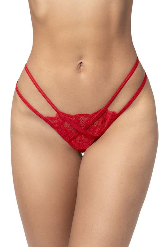 Red lace thong with crisscross straps in red by Mapale 130 shown from the back side