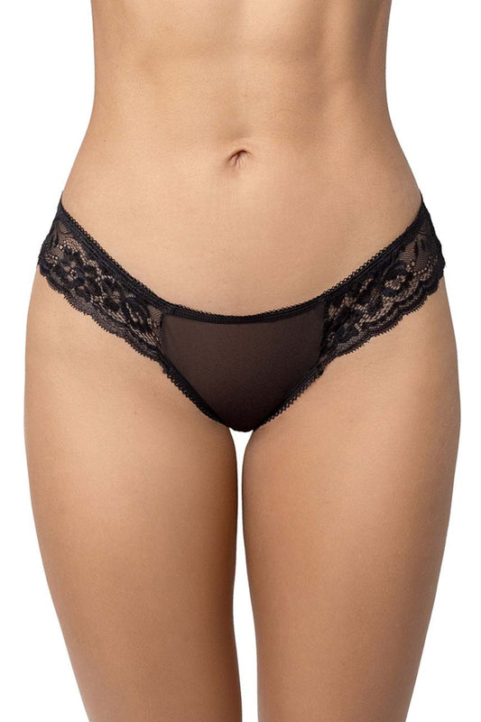 Black lace-trimmed sheer thong by mapale in black showing delicate lace and transparent fabric design