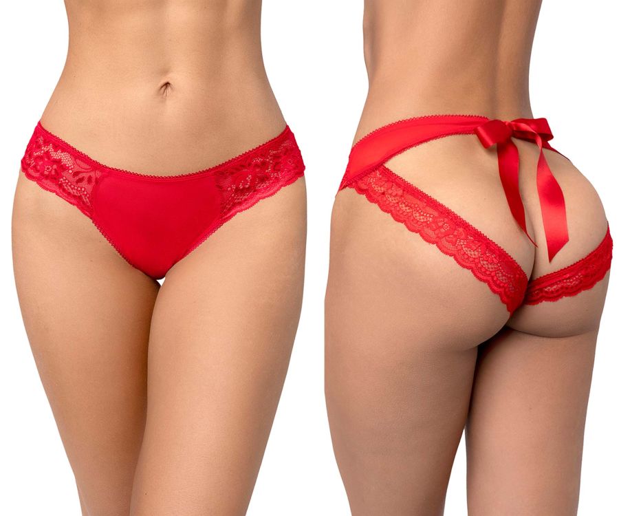 Red lace-trimmed backless thong with satin bow in vibrant red by Mapale 131 showing the back side