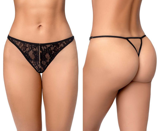 Black lace thong mapale 133 with delicate floral pattern and thin adjustable straps in black color