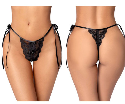 Black lace thong with side ties and sheer mesh panel in black by mapale 134 shown from the back side
