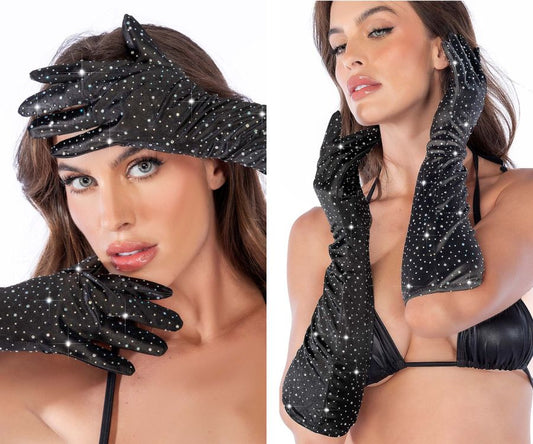 Black satin long-sleeved opera gloves with sparkling rhinestones by Mapale shown from the back side