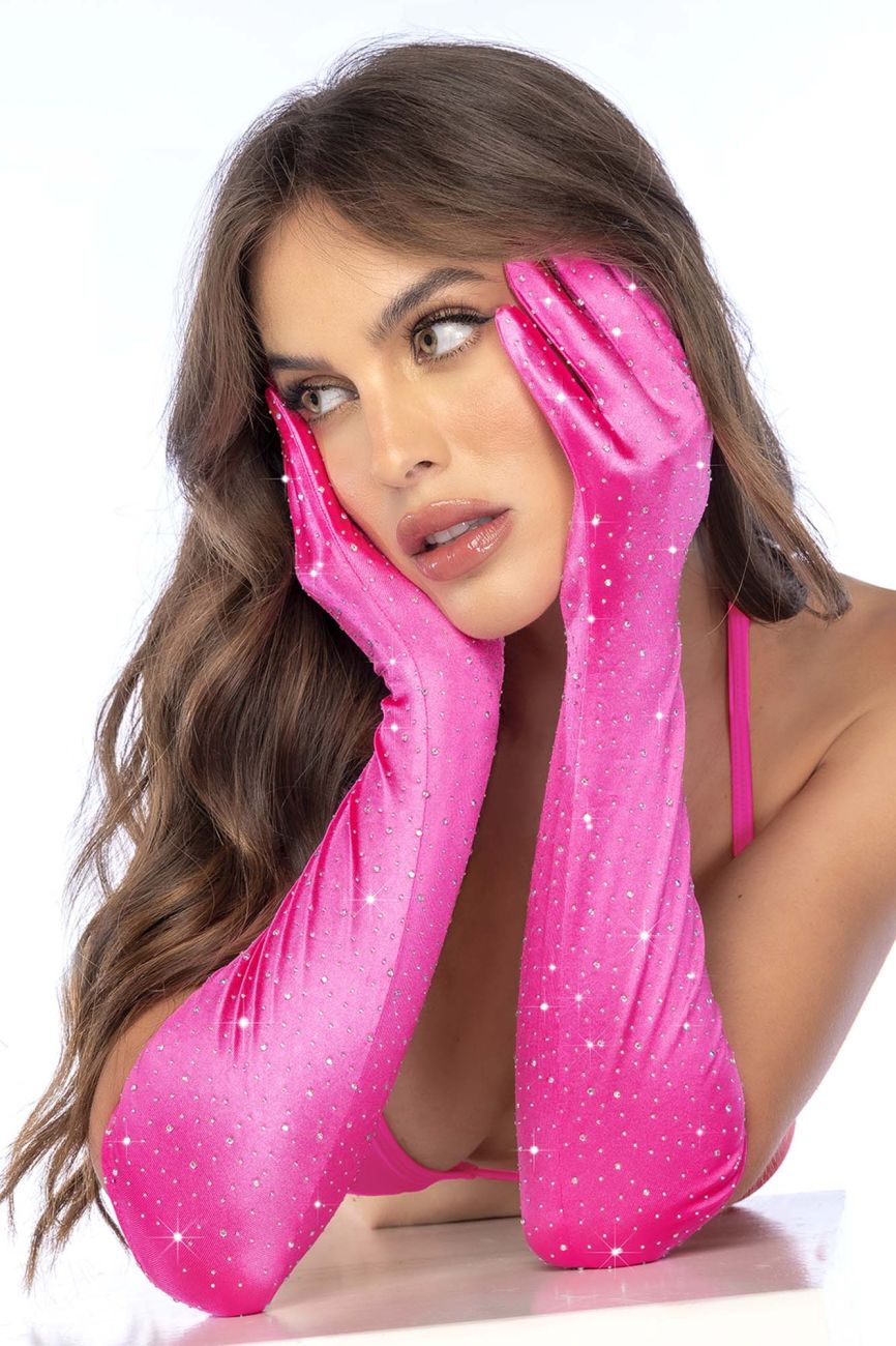 Bright pink Mapale 135 satin opera gloves with rhinestone star pattern and sparkly finish
