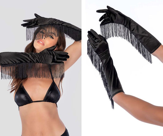Black satin fringe opera gloves by Mapale featuring long fringe detail in elegant evening wear style