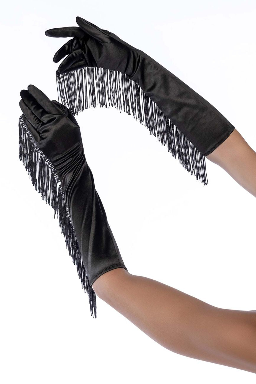 Black satin opera gloves by mapale with long flowing fringe detailing for elegant evening wear