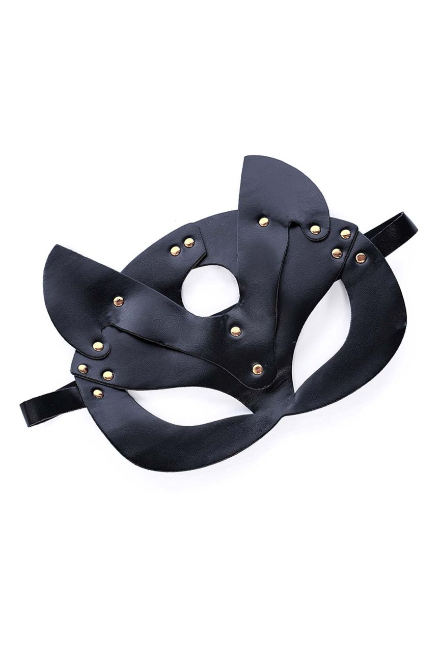 Mapale 196 black faux leather cat mask with gold-tone studs and adjustable straps for a secure fit