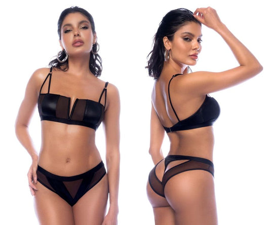 Black lingerie two piece set by Mapale 2768 with sheer mesh panels thin straps in wet look black fabric