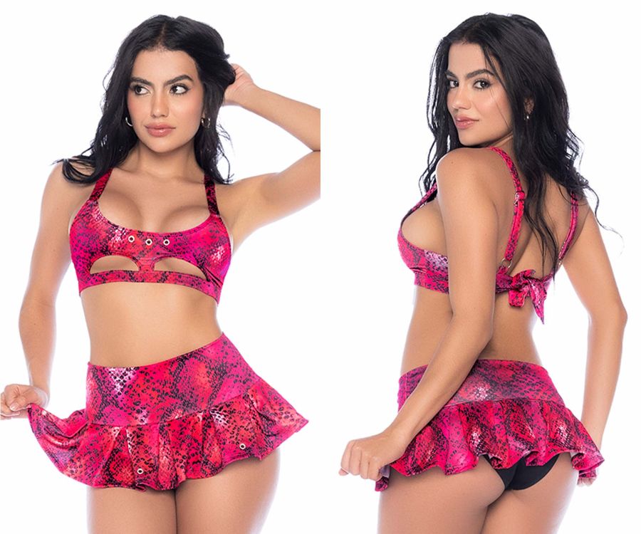 Vibrant pink snakeskin-patterned two-piece swimsuit with ruffled skirt and halter top by Mapale 2785