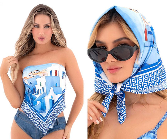 Blue and white patterned mapale 47018 scarf with mediterranean village design worn as bandeau top and headscarf